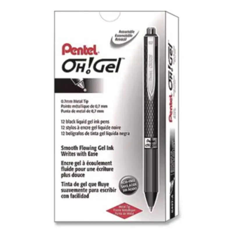 Oh! Gel Pen, Retractable, Medium 0.7 mm, Black Ink, Black Barrel, Dozen - Pens | Pentel