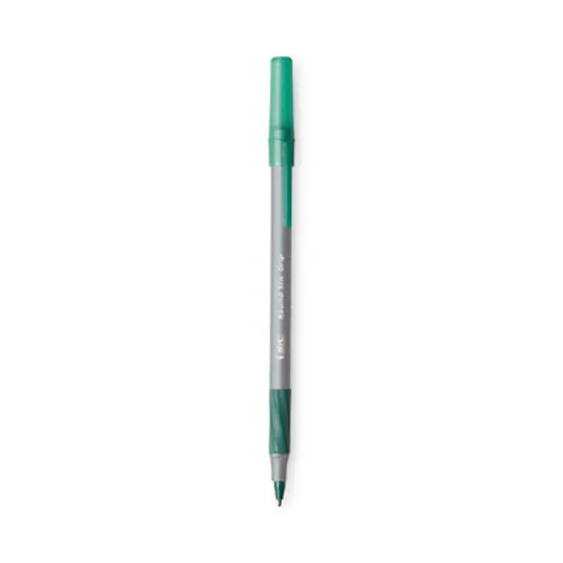 Round Stic Grip Xtra Comfort Ballpoint Pen, Easy-Glide System, Stick, Medium 1.2 mm, Green Ink, Gray/Green Barrel, Dozen - Pens | BIC