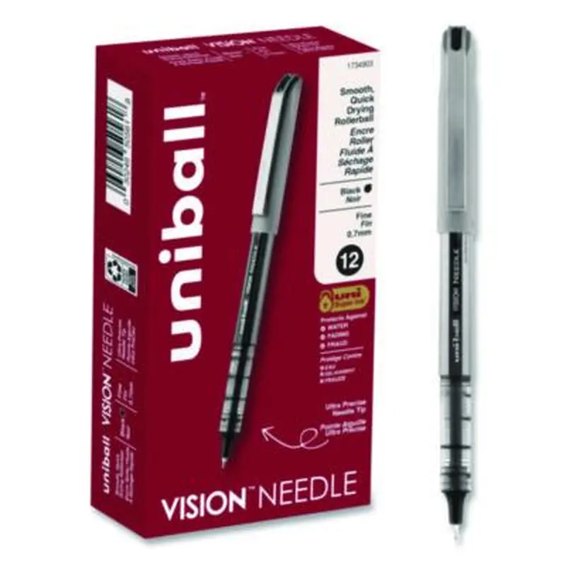VISION Needle Rollerball Pen, Stick, Fine 0.7 mm, Black Ink, Gray/Clear/Black Barrel, Dozen - Pens | uniball