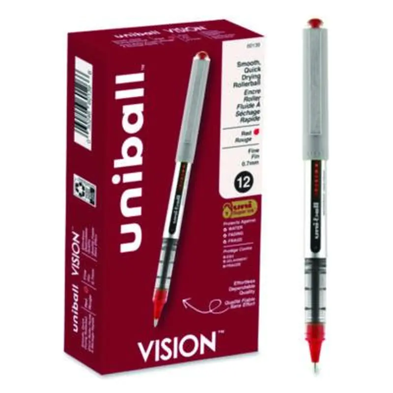 VISION Rollerball Pen, Stick, Fine 0.7 mm, Red Ink, Silver/Red/Clear Barrel, Dozen - Pens | uniball