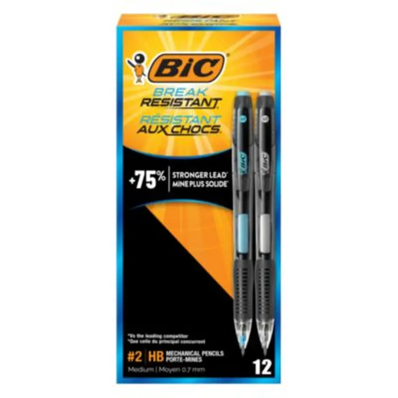 Break-Resistant Mechanical Pencils with Erasers, 0.7 mm, HB (#2), Black Lead, Assorted Barrel Colors, Dozen - Pencils | BIC