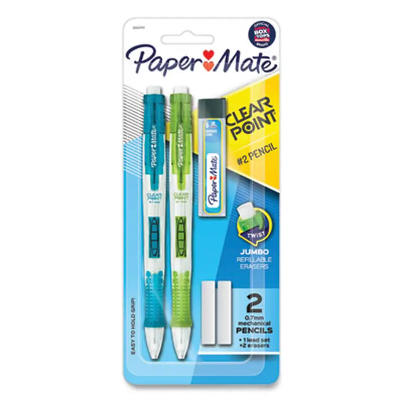 Clear Point Mechanical Pencils with Tube of Lead/Erasers, 0.7 mm, HB (#2), Black Lead, Randomly Assorted Barrel Colors, 2/PK - Pencils | Paper Mate