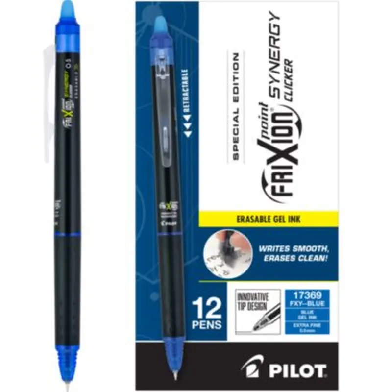 FriXion Synergy Clicker Erasable Gel Pen, Retractable, Extra-Fine 0.5 mm, Blue Ink, Black/Blue Barrel, Dozen - Pens | Pilot