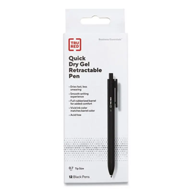Quick Dry Gel Pen, Retractable, Medium 0.7 mm, Black Ink, Black Barrel, Dozen - Pens | TRU RED
