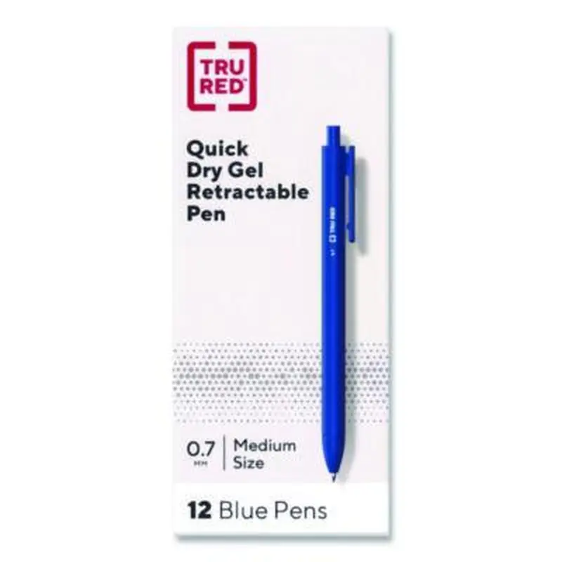 Quick Dry Gel Pen, Retractable, Medium 0.7 mm, Blue Ink, Blue Barrel, Dozen - Pens | TRU RED