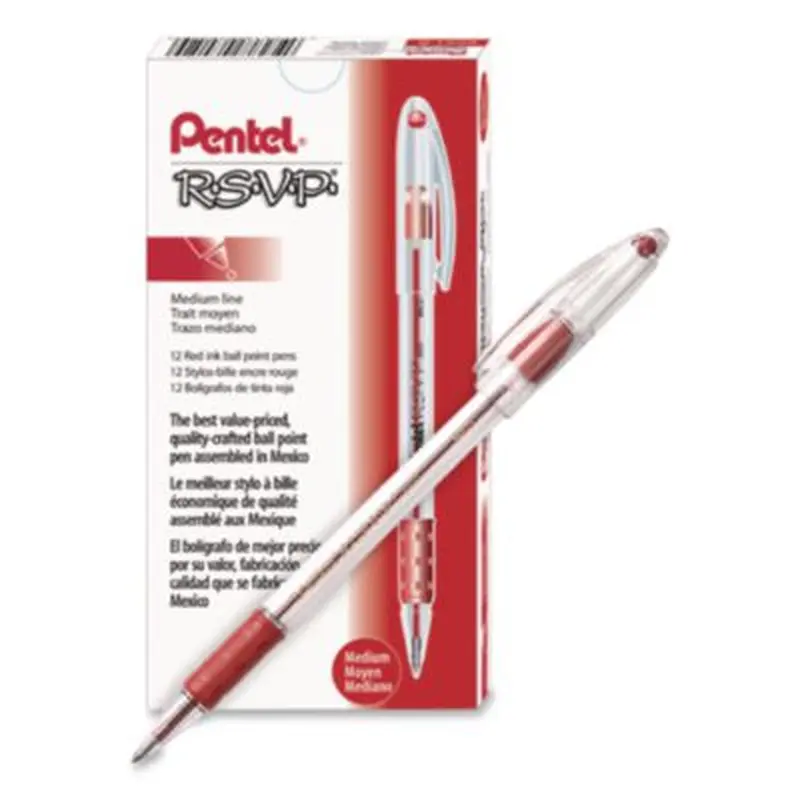 R.S.V.P. Ballpoint Pen, Stick, Medium 1 mm, Red Ink, Clear/Red Barrel, Dozen - Pens | Pentel
