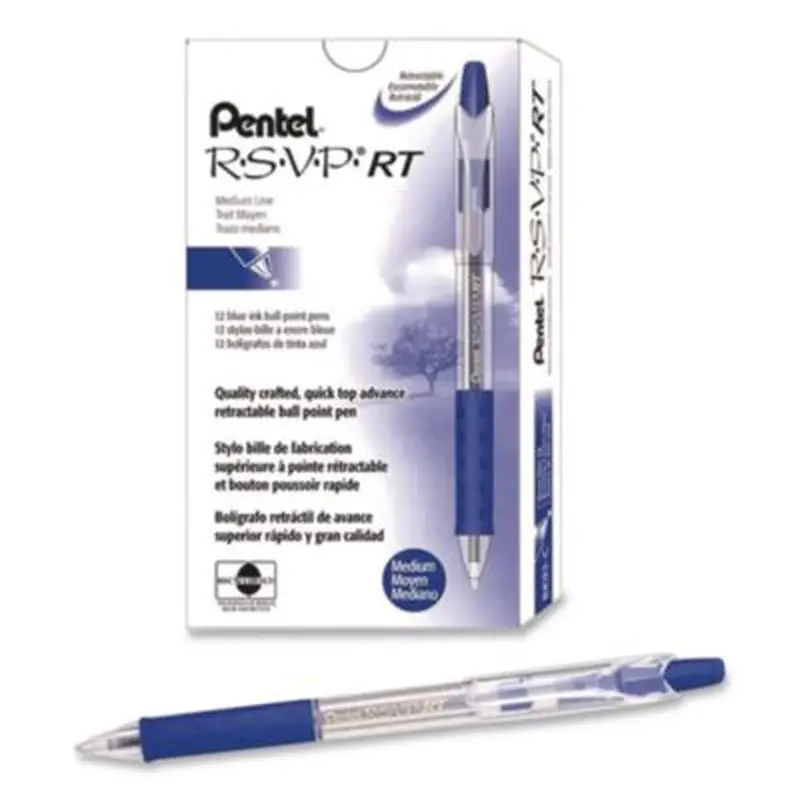 R.S.V.P. RT Ballpoint Pen, Retractable, Medium 1 mm, Blue Ink, Clear Barrel, Dozen - Pens | Pentel