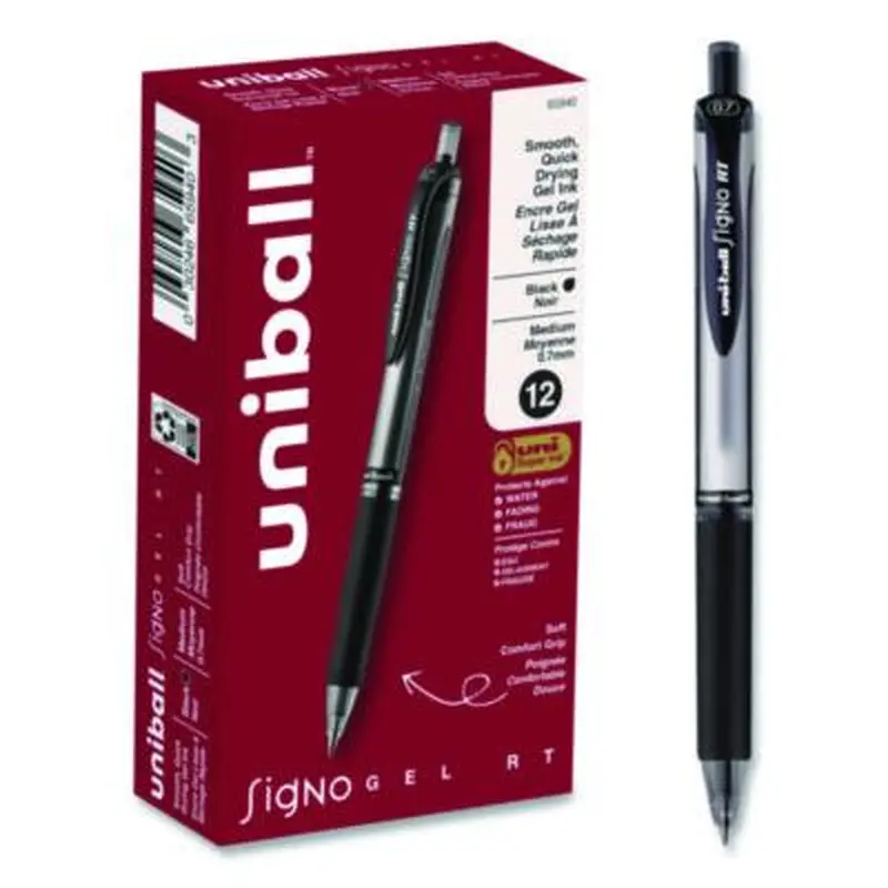 Signo Gel Pen, Retractable, Medium 0.7 mm, Black Ink, Silver/Black Barrel, Dozen - Pens | uniball