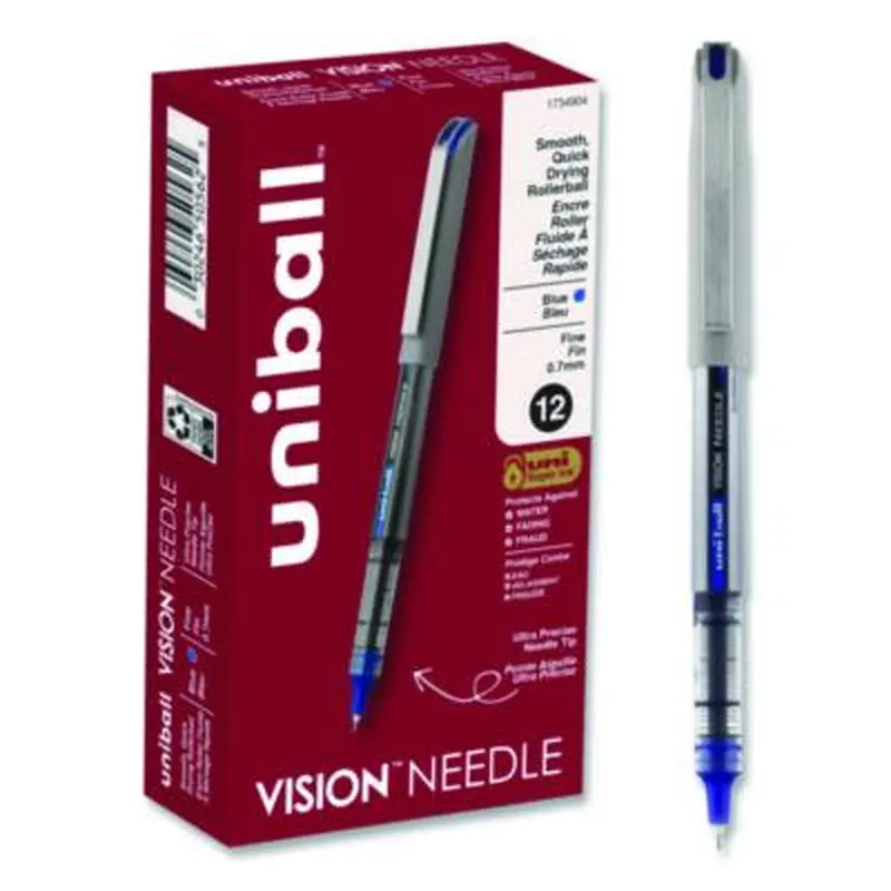 VISION Needle Rollerball Pen, Stick, Fine 0.7 mm, Blue Ink, Gray/Clear/Blue Barrel, Dozen - Pens | uniball