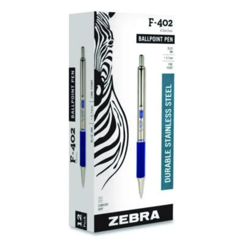 F-402 Ballpoint Pen, Retractable, Fine 0.7 mm, Blue Ink, Stainless Steel/Blue Barrel - Pens | Zebra