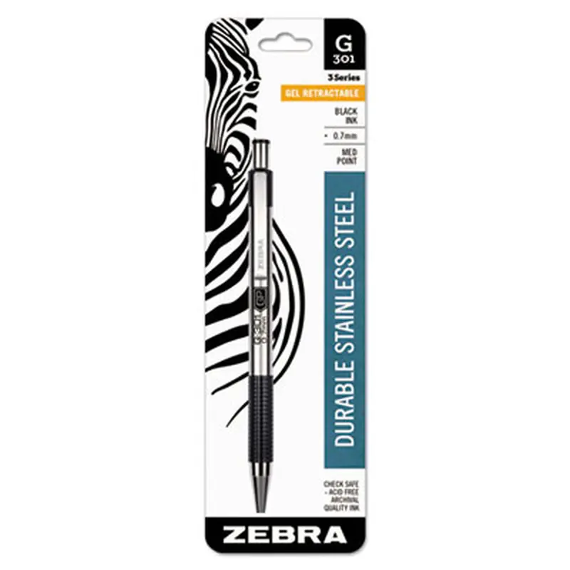G-301 Gel Pen, Retractable, Medium 0.7 mm, Black Ink, Stainless Steel/Black Barrel - Pens | Zebra