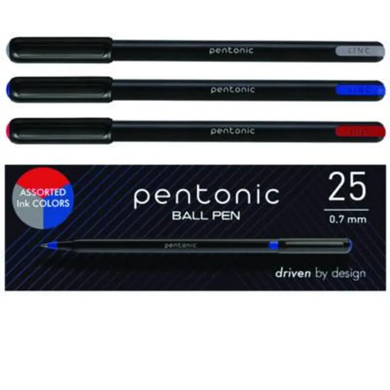 PENTONIC Ballpoint Pen, Stick, Fine 0.7 mm, Assorted Ink Colors, Black Barrel, 25/Pack - Pens | TOPS