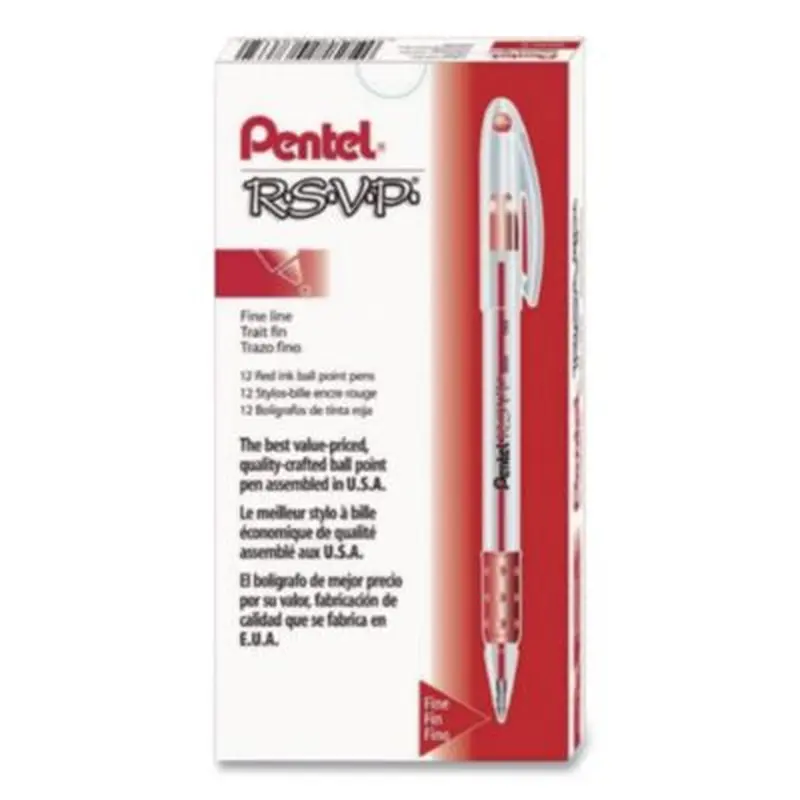 R.S.V.P. Ballpoint Pen, Stick, Fine 0.7 mm, Red Ink, Clear/Red Barrel, Dozen - Pens | Pentel