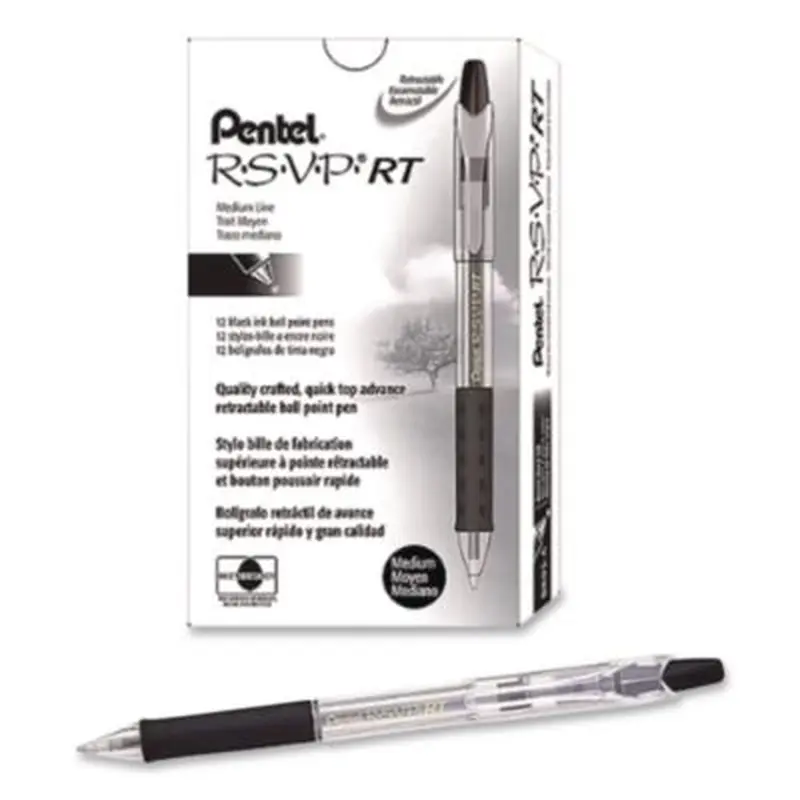 R.S.V.P. Super RT Ballpoint Pen, Retractable, Medium 0.7 mm, Black Ink, Clear/Black Barrel, Dozen - Pens | Pentel
