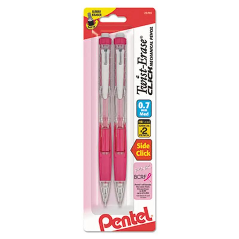 Twist-Erase CLICK Mechanical Pencil, Breast Cancer Awareness, 0.7 mm, HB (#2), Black Lead, Pink Barrel, 2/Pack - Pencils | Pentel