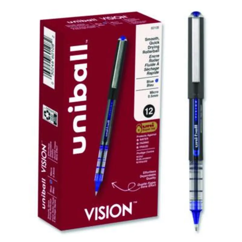 VISION Rollerball Pen, Stick, Extra-Fine 0.5 mm, Blue Ink, Gray/Blue/Clear Barrel, Dozen - Pens | uniball