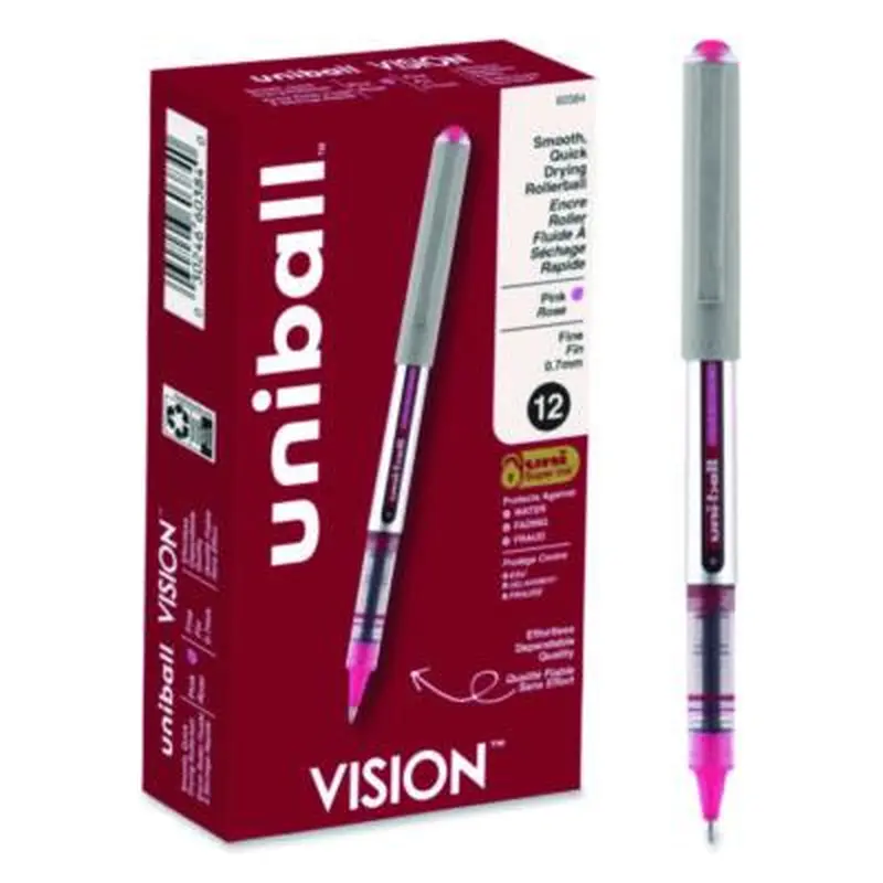 VISION Rollerball Pen, Stick, Fine 0.7 mm, Pink Ink, Silver/Pink/Clear Barrel, Dozen - Pens | uniball