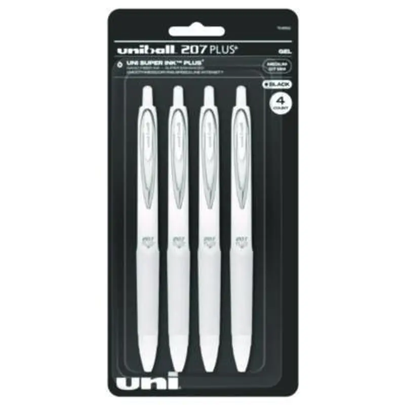207 Plus  Gel Pen, Retractable, Medium 0.7 mm, Black Ink, White Barrel, 4/Pack - Pens | uniball