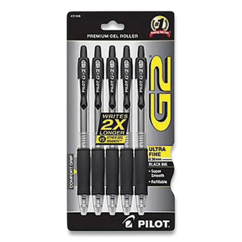 G2 Premium Gel Pen, Retractable, Extra-Fine 0.38 mm, Black Ink, Clear/Black Barrel, 5/Pack - Pens | Pilot