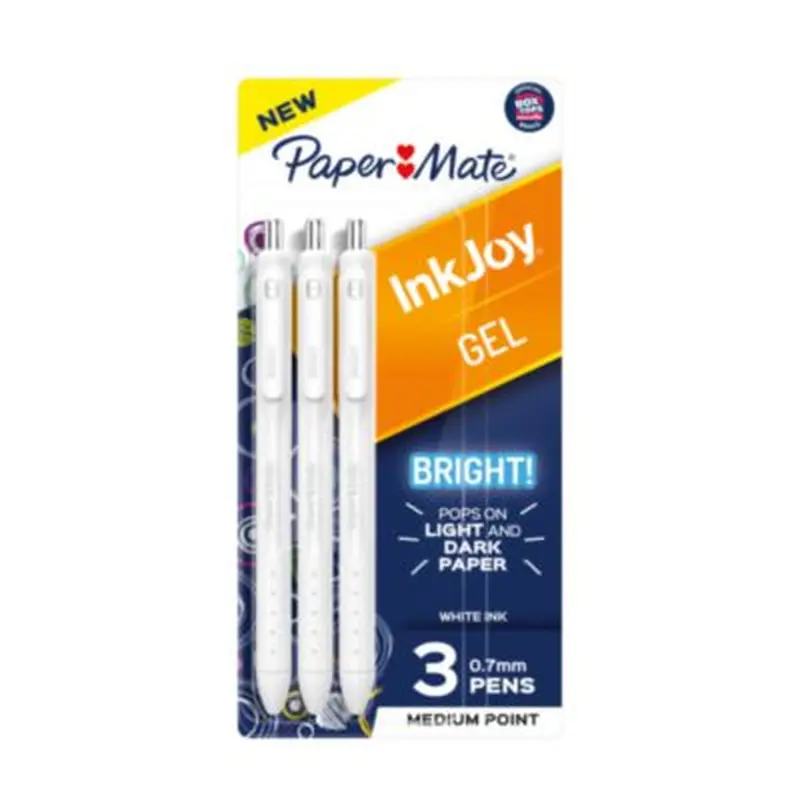 InkJoy Gel Bright Gel Pen, Retractable, Medium 0.7 mm, White Ink, White Barrel, 3/Pack - Pens | Paper Mate