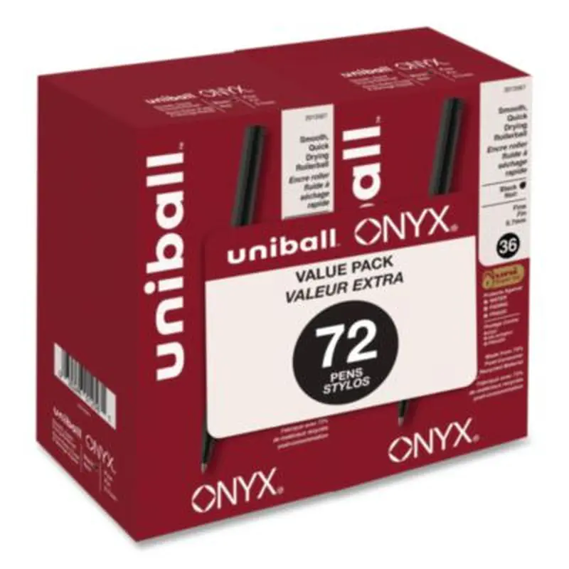 ONYX Rollerball Pen, Stick, Fine 0.7 mm, Black Ink, Black Barrel, 72/Pack - Pens | uniball
