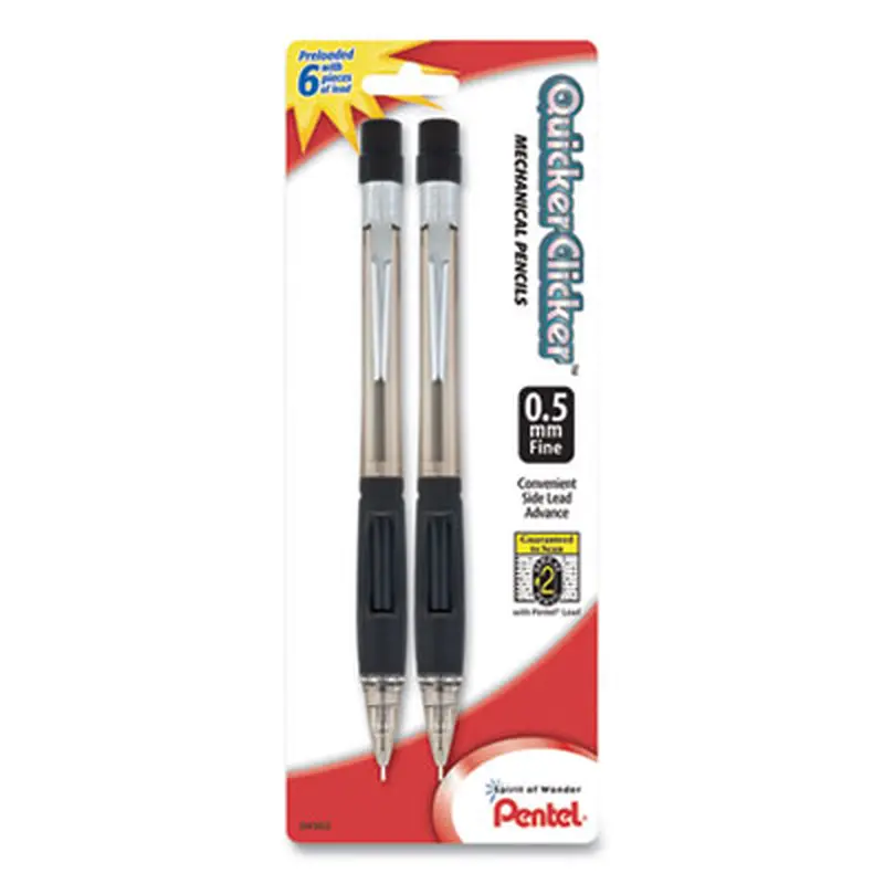 Quicker Clicker Mechanical Pencil, 0.5 mm, HB (#2), Black Lead, Smoke/Black Barrel, 2/Pack - Pencils | Pentel