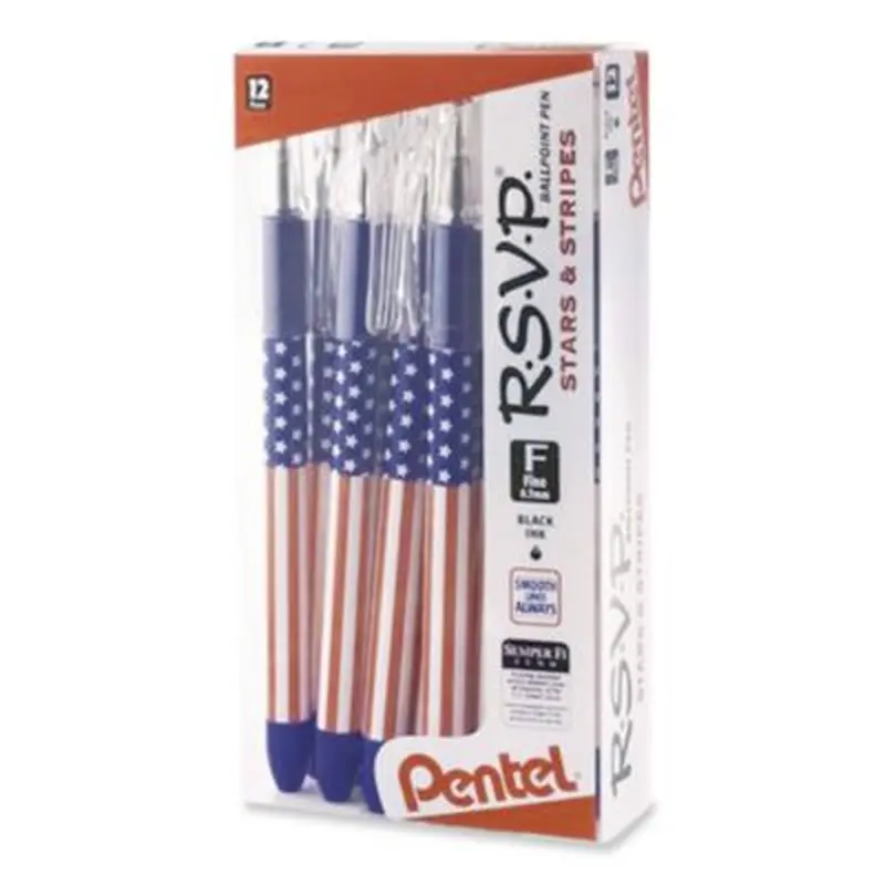 R.S.V.P. Stars and Stripes Ballpoint Pen, Stick, Fine 0.7 mm, Black Ink, Red/White/Blue Barrel, Dozen - Pens | Pentel