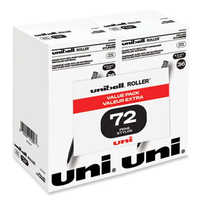 Rollerball Pen, Stick, Extra-Fine 0.5 mm, Black Ink, Black Barrel, 72/Pack - Pens | uniball