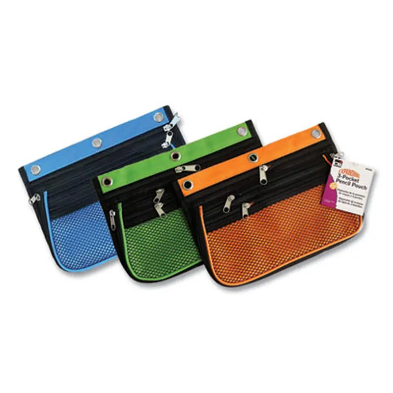Three-Pocket Binder-Insertable Expandable Pencil Pouch, 3 Compartments, 3-Hole Punched, 10.25" x 7.5", Assorted, 3/Pack - Pencil Pouches & Boxes | Charles Leonard