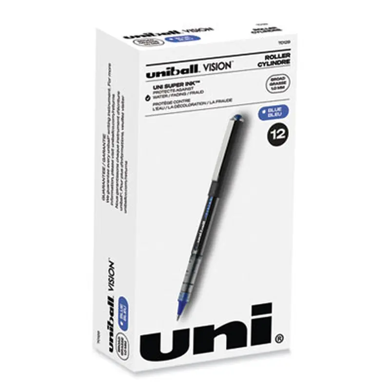 VISION Rollerball Pen, Stick, Bold 1 mm, Blue Ink, Black/Blue/Clear Barrel, Dozen - Pens | uniball