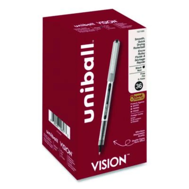 VISION Rollerball Pen, Stick, Fine 0.7 mm, Black Ink, Silver/Black/Clear Barrel, 36/Pack - Pens | uniball