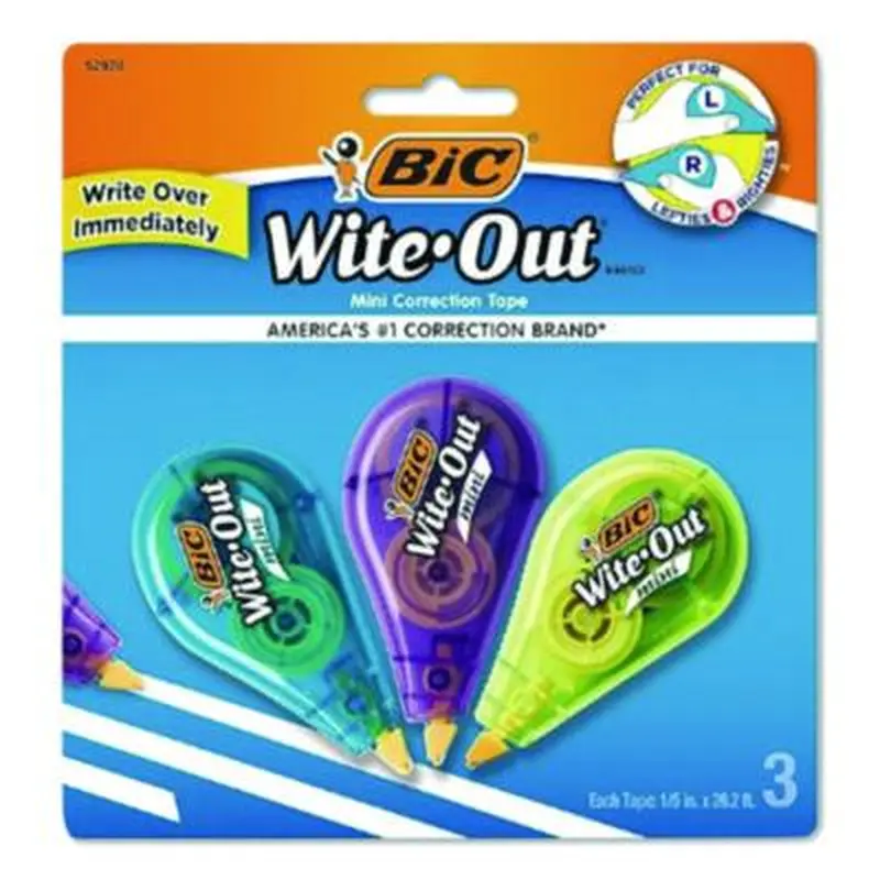 Wite-Out Brand Mini Correction Tape, Non-Refillable, 0.2" x 26.2 ft, White Tape, Assorted Dispenser Colors, 3/Pack - Correction Tapes | BIC