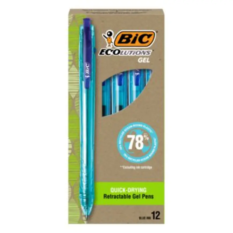 Ecolutions Gel Pen, Retractable, Medium 1 mm, Blue Ink, Blue Barrel, Dozen - Pens | BIC