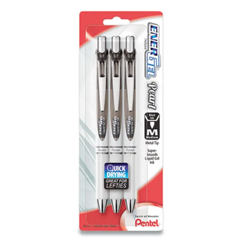 EnerGel Pearl Gel Pen, Retractable, Medium 0.7 mm, Black Ink, White/Black Barrel, 3/Pack - Pens | Pentel