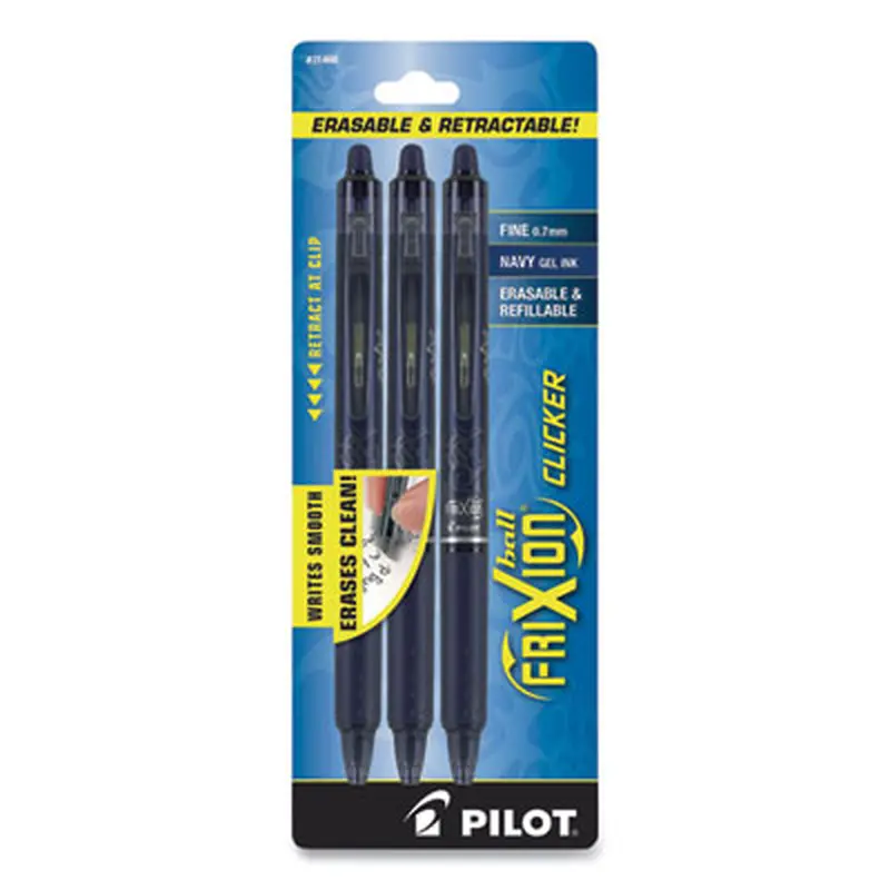 FriXion Clicker Erasable Gel Pen, Retractable, Fine 0.7 mm, Navy Ink, Navy Barrel, 3/Pack - Pens | Pilot