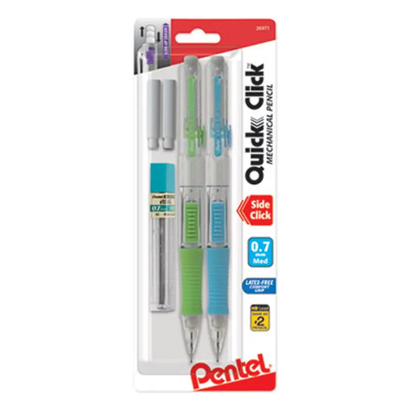 QUICK CLICK Mechanical Pencils with Tube of Lead/Erasers, 0.7 mm, HB (#2), Black Lead, Assorted Barrel Colors, 2/Pack - Pencils | Pentel