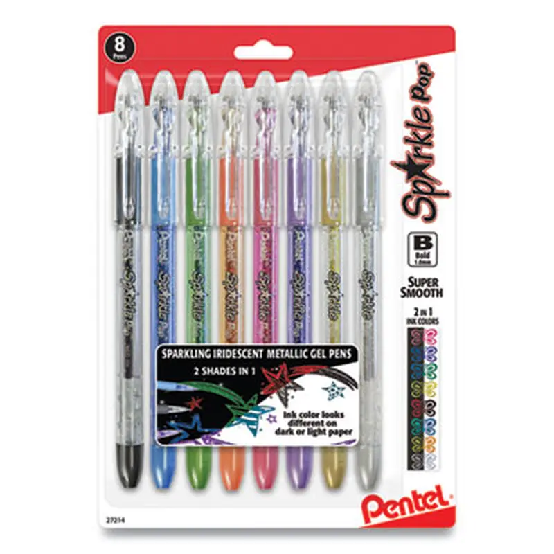 Sparkle Pop Metallic Gel Pen, Stick, Bold 1 mm, Assorted Ink Colors, Clear Barrel, 8/Pack - Pens | Pentel
