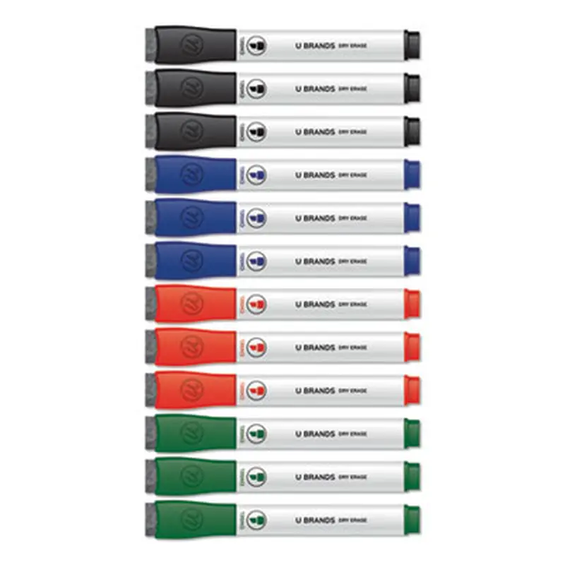 Chisel Tip Low-Odor Dry-Erase Markers with Erasers, Broad Chisel Tip, Assorted Colors, 12/Pack - Board Markers | U Brands