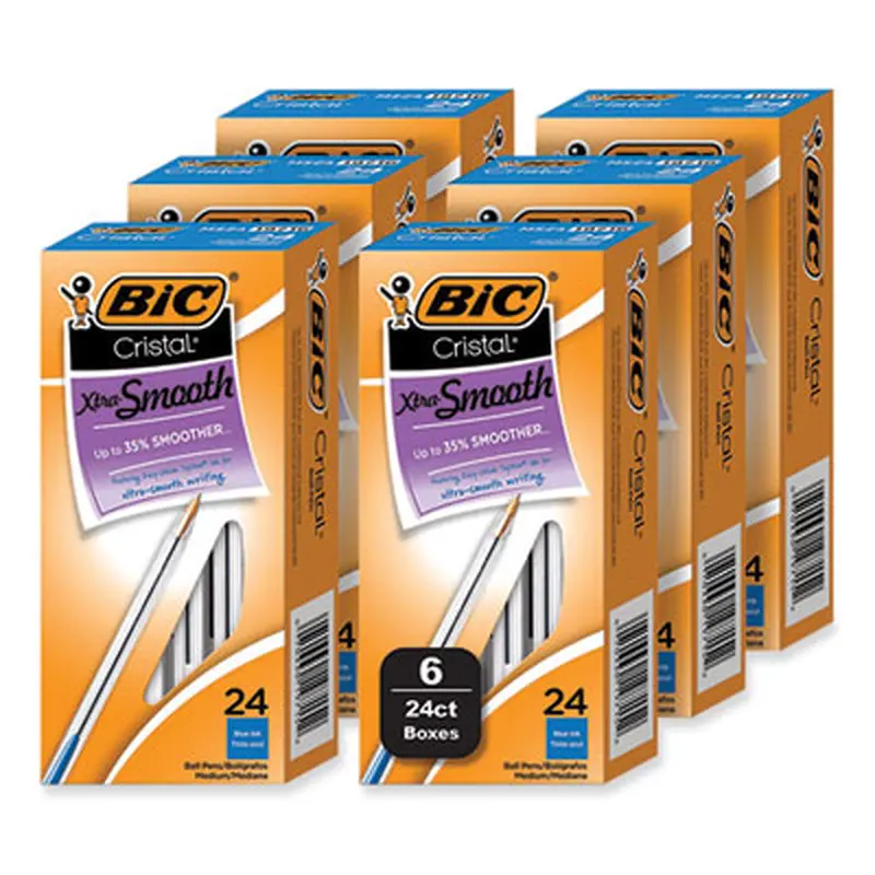 Cristal Xtra Smooth Ballpoint Pen, Stick, Medium 1 mm, Blue Ink, Clear Barrel, 144/Pack - Pens | BIC