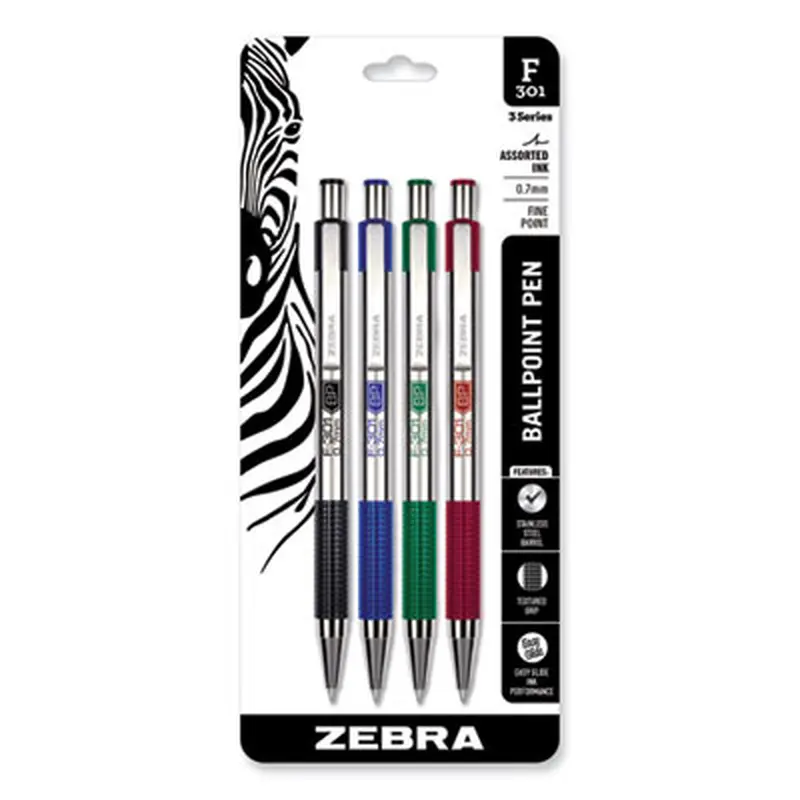 F-301 Ballpoint Pen, Retractable, Fine 0.7 mm, Assorted Ink and Barrel Colors, 4/Pack - Pens | Zebra