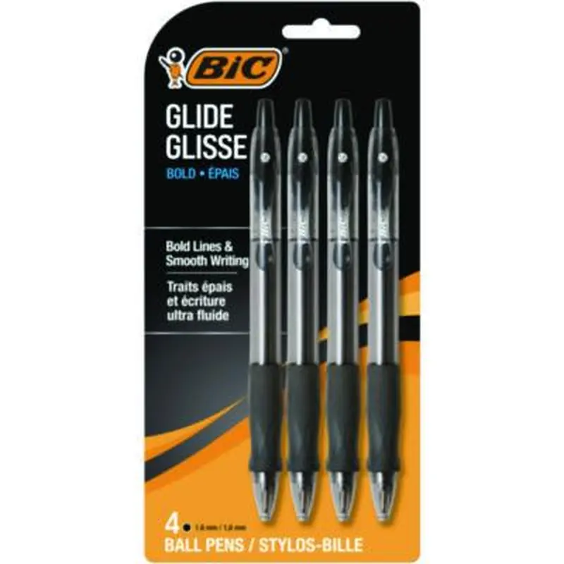 GLIDE Bold Ballpoint Pen, Retractable, Bold 1.6 mm, Black Ink, Translucent Black Barrel, 4/Pack - Pens | BIC