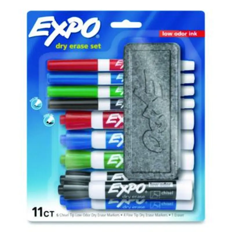 Low-Odor, Dry Erase 10-Color Marker and Eraser Set, Broad Chisel/Fine Bullet Tips, Assorted Colors, 11 Pieces/Set - Board Markers | EXPO