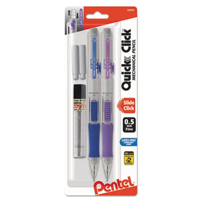 QUICK CLICK Mechanical Pencils with Tube of Lead/Erasers, 0.5 mm, HB (#2), Black Lead, Assorted Barrel Colors, 2/Pack - Pencils | Pentel