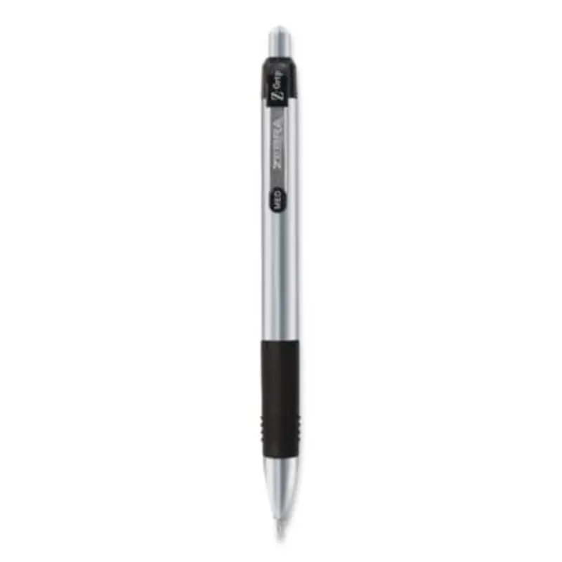Z-Grip Metal Ballpoint Pen, Retractable, Medium 1 mm, Black Ink, Silver/Black Barrel, 12/Pack - Pens | Zebra