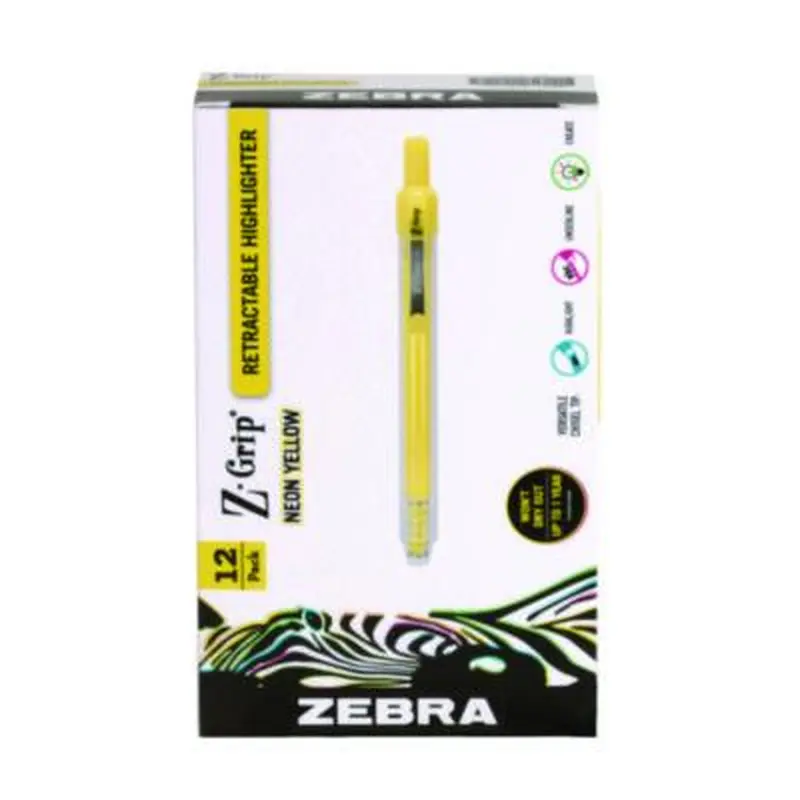Z-Grip Retractable Highlighter Markers, Neon Yellow Ink, Chisel Tip, Neon Yellow Barrel, Dozen - Highlighters | Zebra