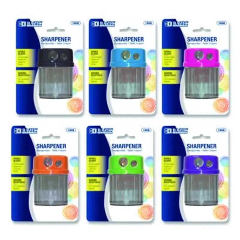 Dual Blades Sharpener with Round Receptacle, Two-Hole, 2.25 x 1.6, Randomly Assorted Colors - Pencil & Crayon Sharpeners | BAZIC Products