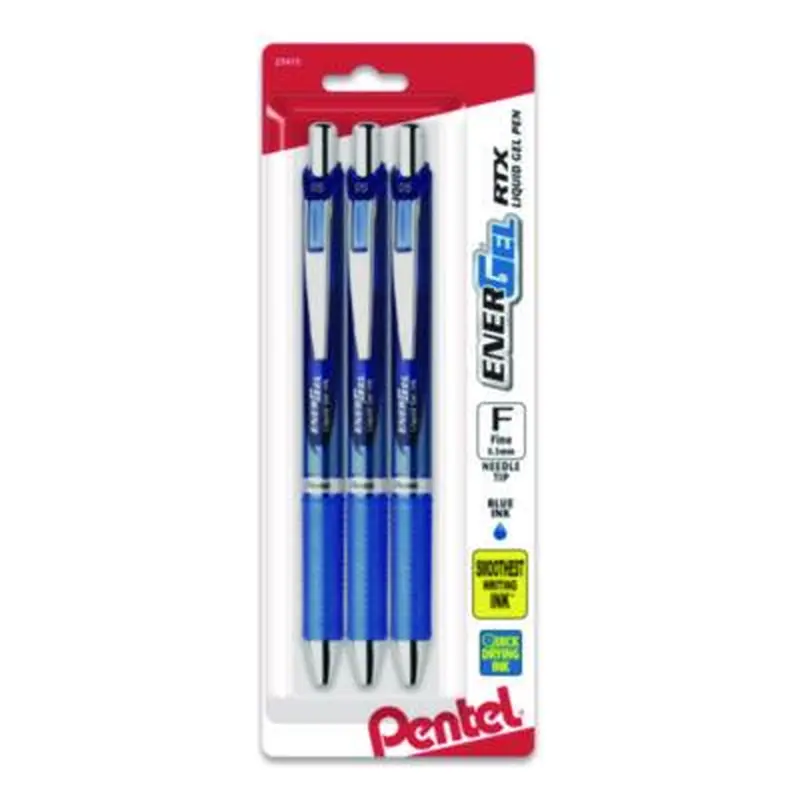 EnerGel RTX Deluxe Gel Pen, Retractable, Fine 0.5 mm, Blue Ink, Blue/Silver Barrel, 3/Pack - Pens | Pentel