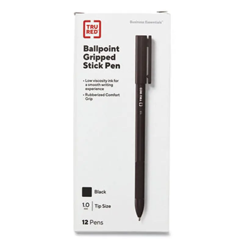 Gripped Ballpoint Pen, Stick, Medium 1 mm, Black Ink, Black Barrel, Dozen - Pens | TRU RED