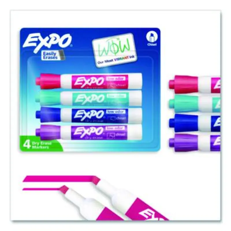 Low-Odor Dry Erase Marker, Broad Chisel Tip, Assorted Colors, 4/Pack - Board Markers | EXPO