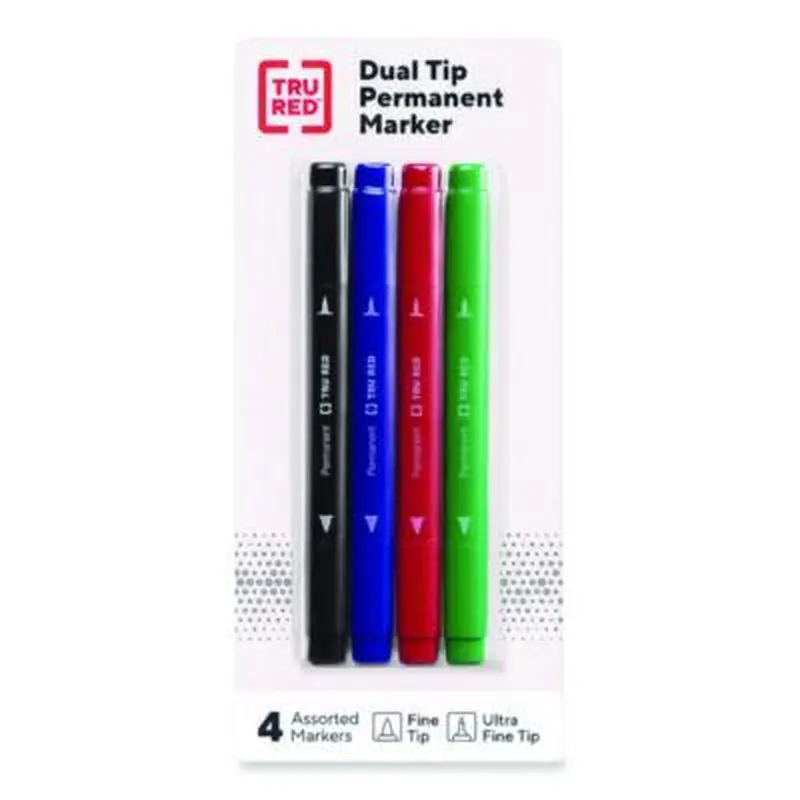 Permanent Marker, Pen-Style Twin-Tip, Extra-Fine/Fine Bullet/Needle Tips, Assorted Colors, 4/Pack - Markers | TRU RED